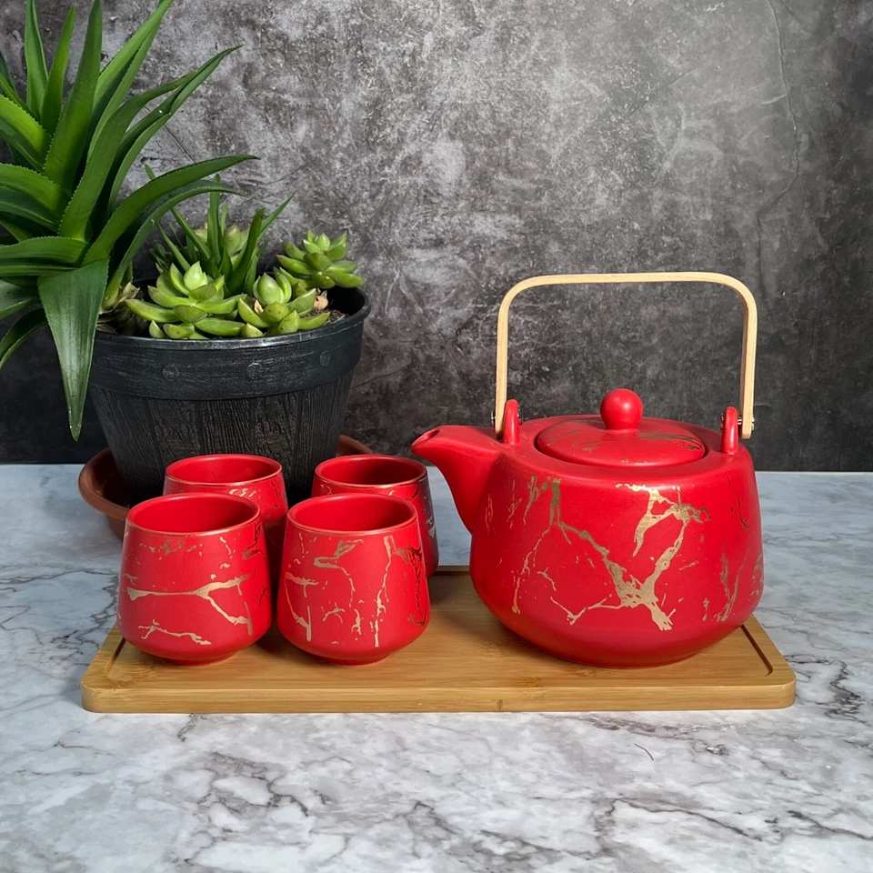 Juego de té de kung fu Morden dorado patrón aleatorio con bandeja de bambú, juego de 6 piezas Foto 2 de 4