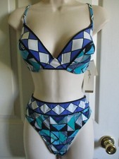 SZ 14 Gottex Opal Turquoise Geometric Underwire Swimsuit Bikini NWT