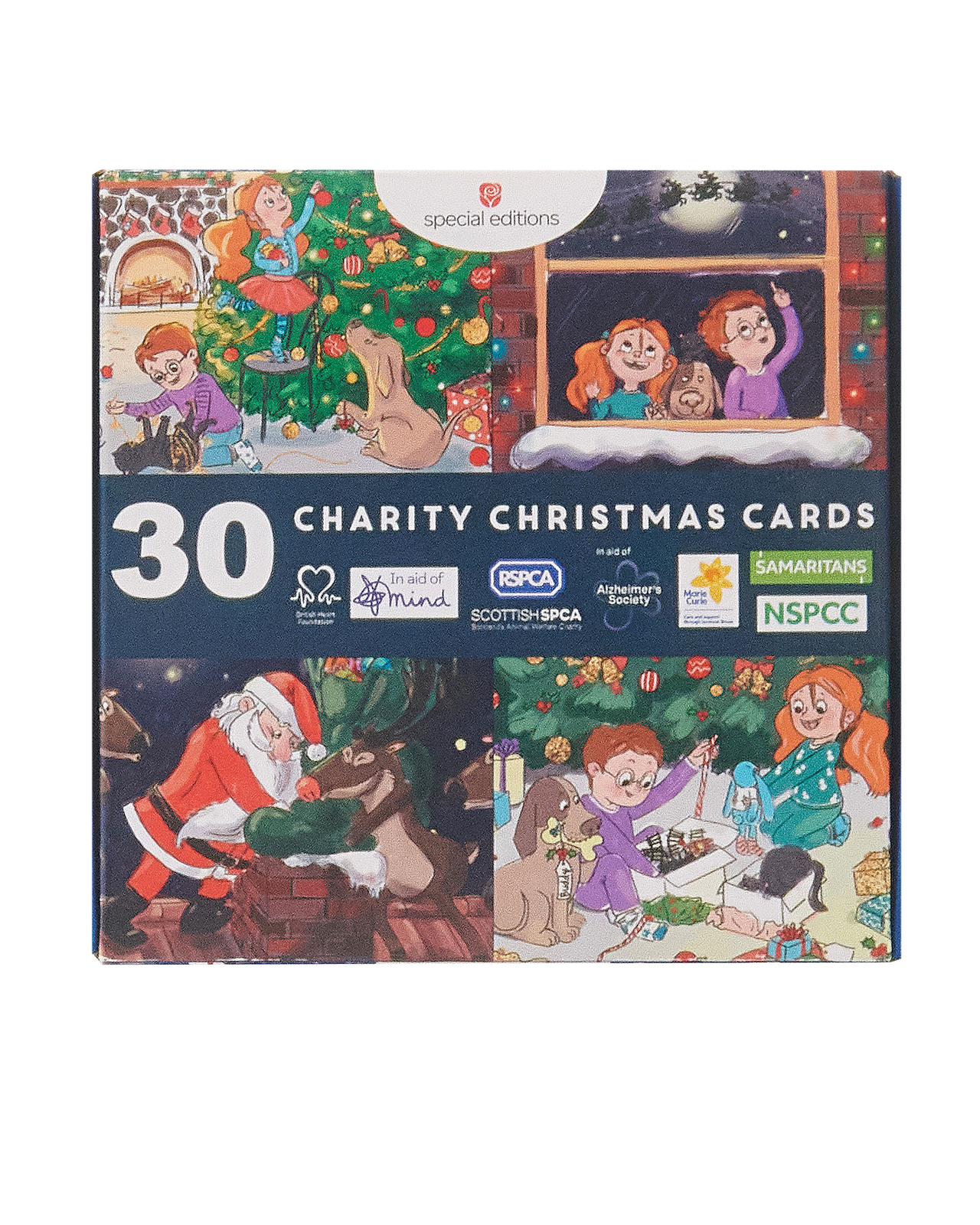 Box of 30 Assorted Mini Cartoon Multiple Charity Christmas Cards In 4 Designs