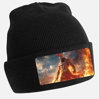 Black Beanie Hat with Cool Ares on Fire Motif - Unisex Cap, Cotton