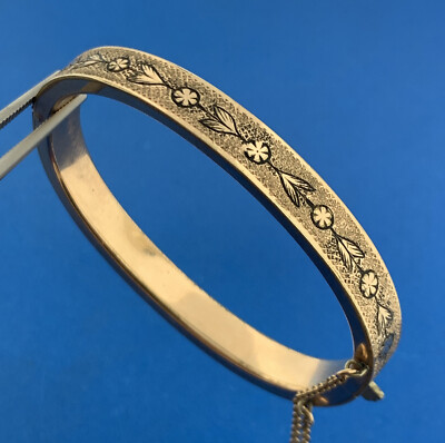 Antique Victoria Gold Filled Floral Etched Textured Hinged Bangle