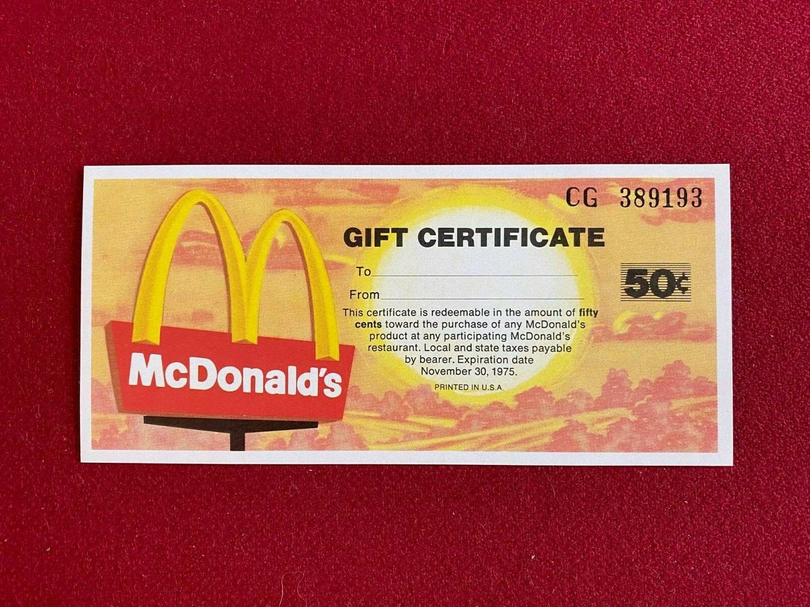 1975, McDonald's, "Un-Used", Gift Certificate (Scarce / Vintage) | eBay