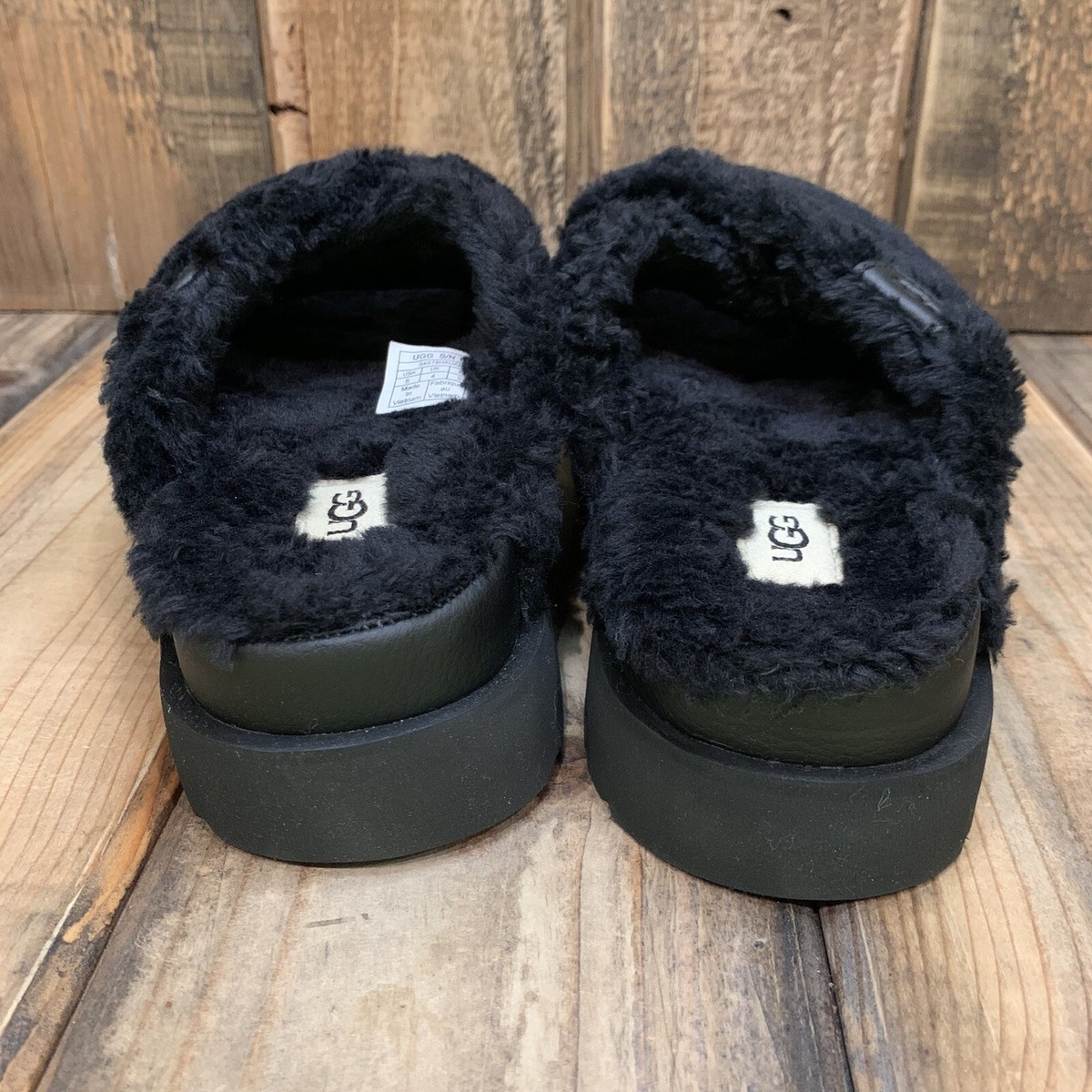 UGG FUZZ SUGAR CROSS SLIDE PLATFORM SANDAL BLACK FAUX FUR WOMENS 