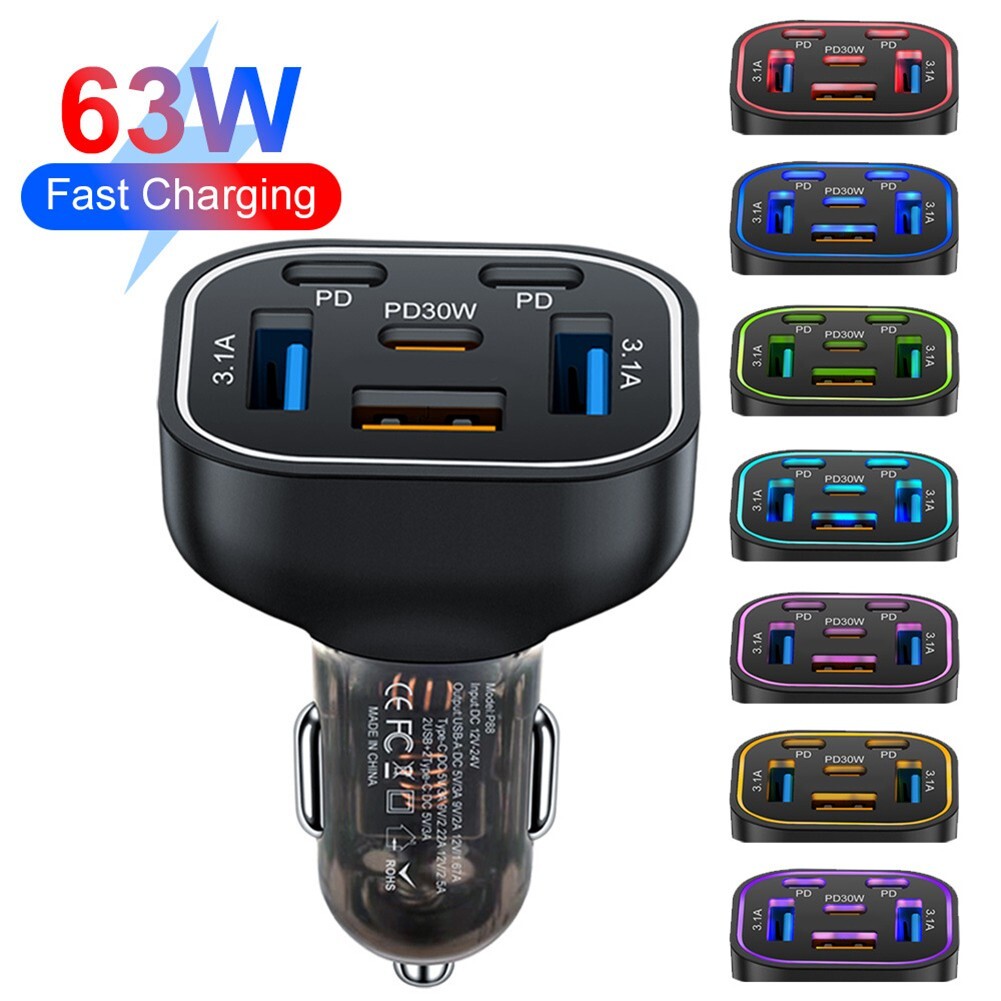 63W Car Charger USB 6 Ports Fast Charging Car Phone Charger 