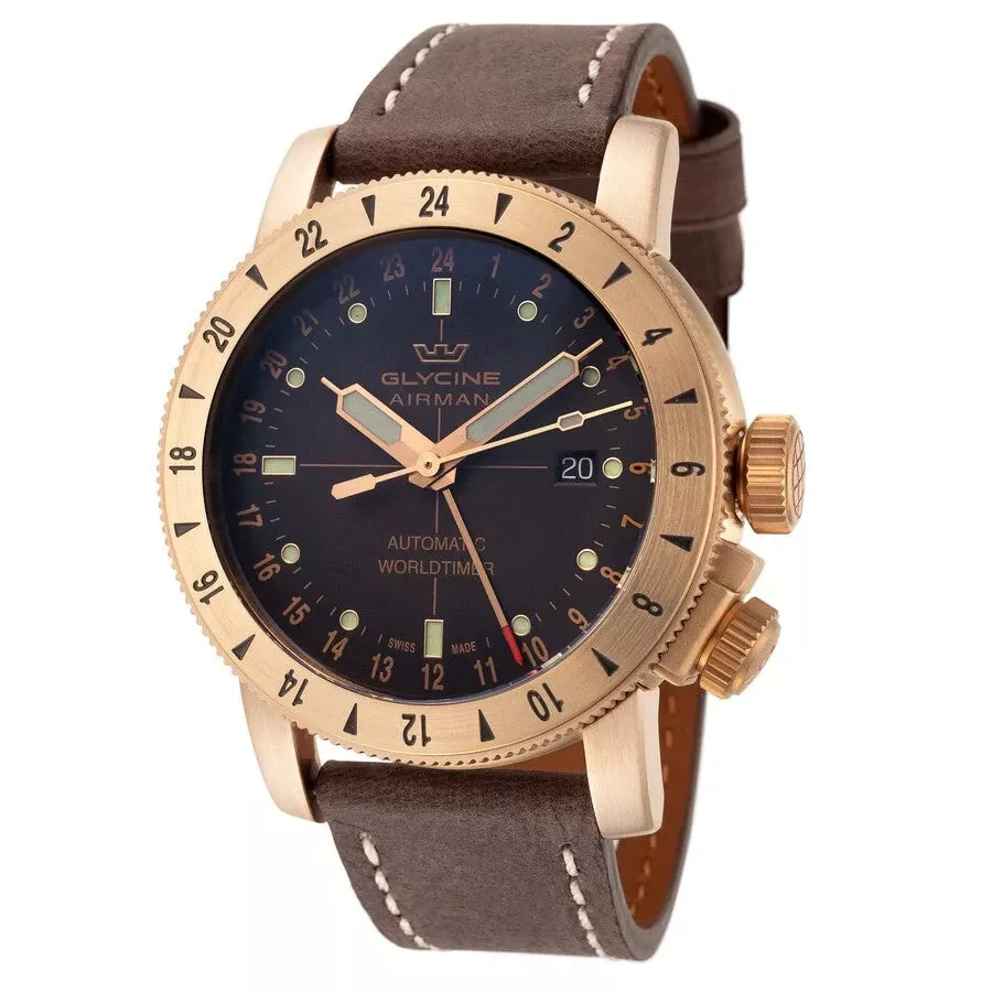 New GLYCINE GL 0166 WORLDTIMER AIRMAN Men s Automatic BRONZE GMT 44mm Swiss Made