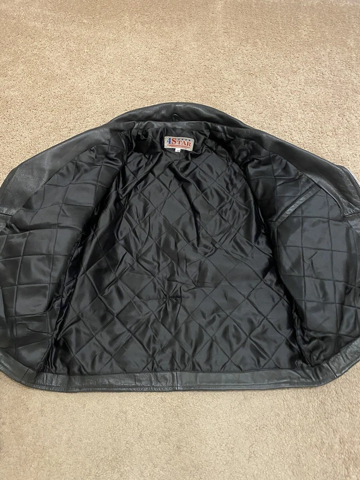 Chaqueta de motociclista vintage de 4 estrellas de cuero negro con cinturón para hombre 46 Foto 3 de 4