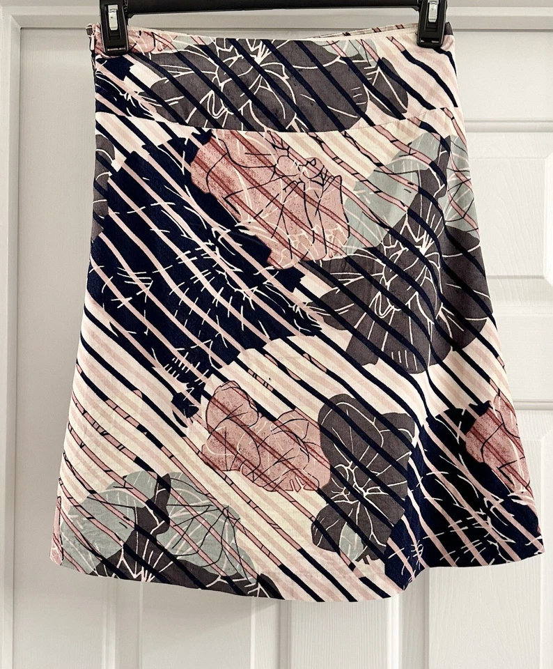 ODILLE Anthropologie A-Line Skirt SIZE 2 Floral Striped Belted Lined - Image 4 of 4