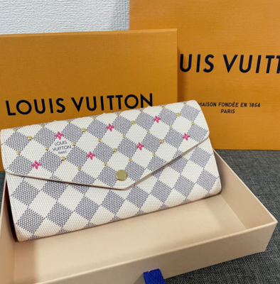 Louis Vuitton Sarah Wallet Purse N45296 Damier Azur studs fuchsia