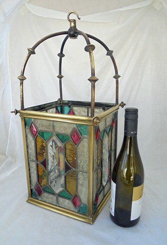 Victorian Stained Glass Ceiling / Hall Lantern Shade Brass Framed - Picture 5 of 10