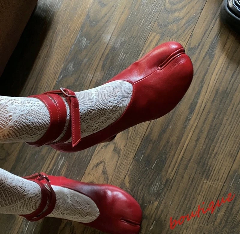 Women Split Toe Shoes Tabi Leather Ankle Strap Block Heels Pump