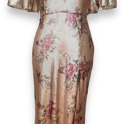 Marchesa Notte Rose Gold Split Sleeve V-Neck Floral Sequined Maxi Dress  Size 2 | eBay