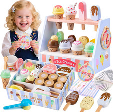 Wooden Ice Cream Toys Set Pretend Play Food Store for Kids Serve Ice Cream Count