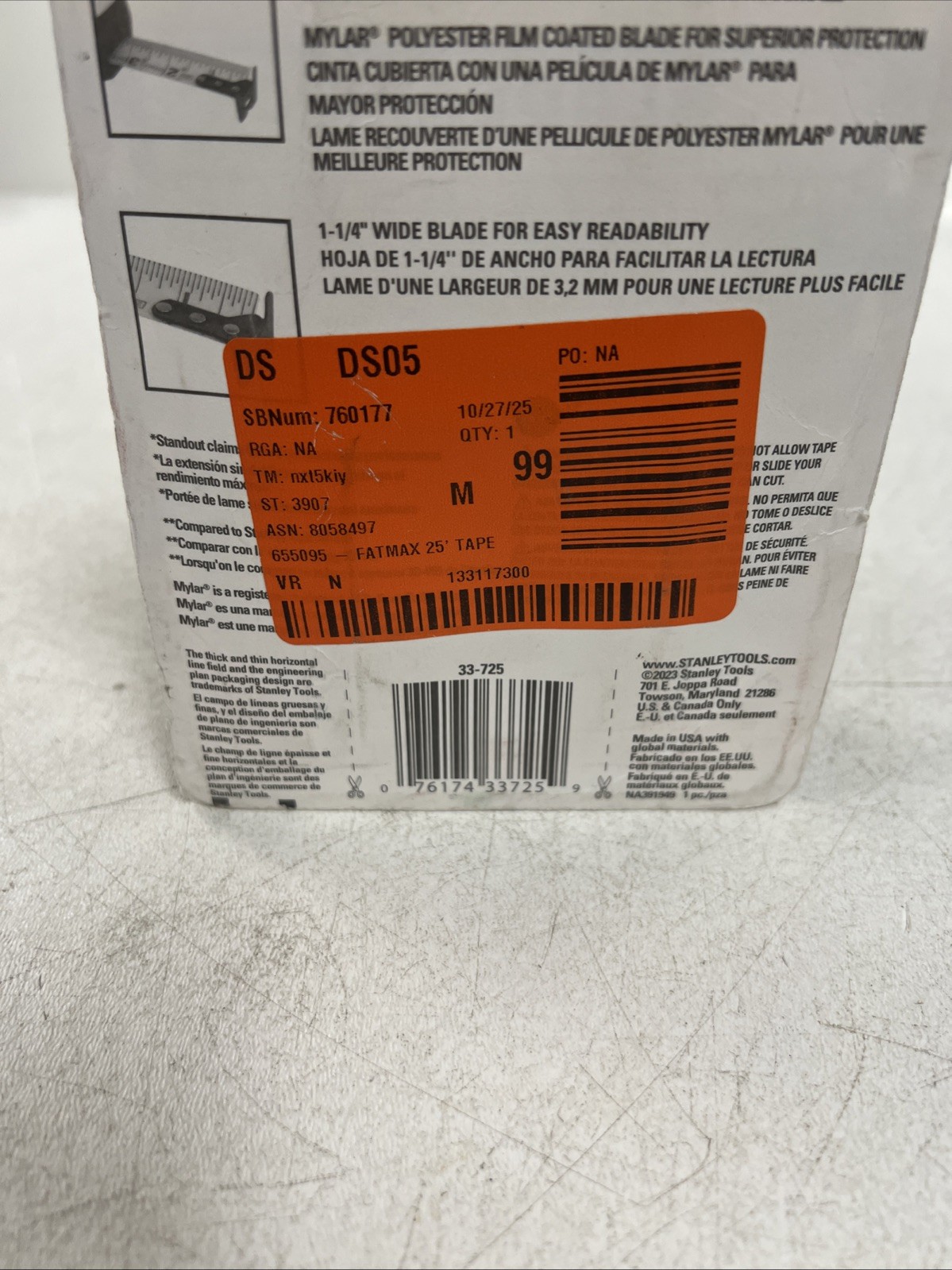 STANLEY FATMAX Tape Measure 25-Foot (33-725) Black, Yellow 7.6 m