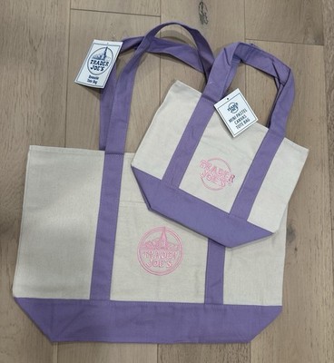 2x Trader Joe's NEW   Lavender AUTHENTIC LARGE & MINI CANVAS REUSABLE TOTE BAGS