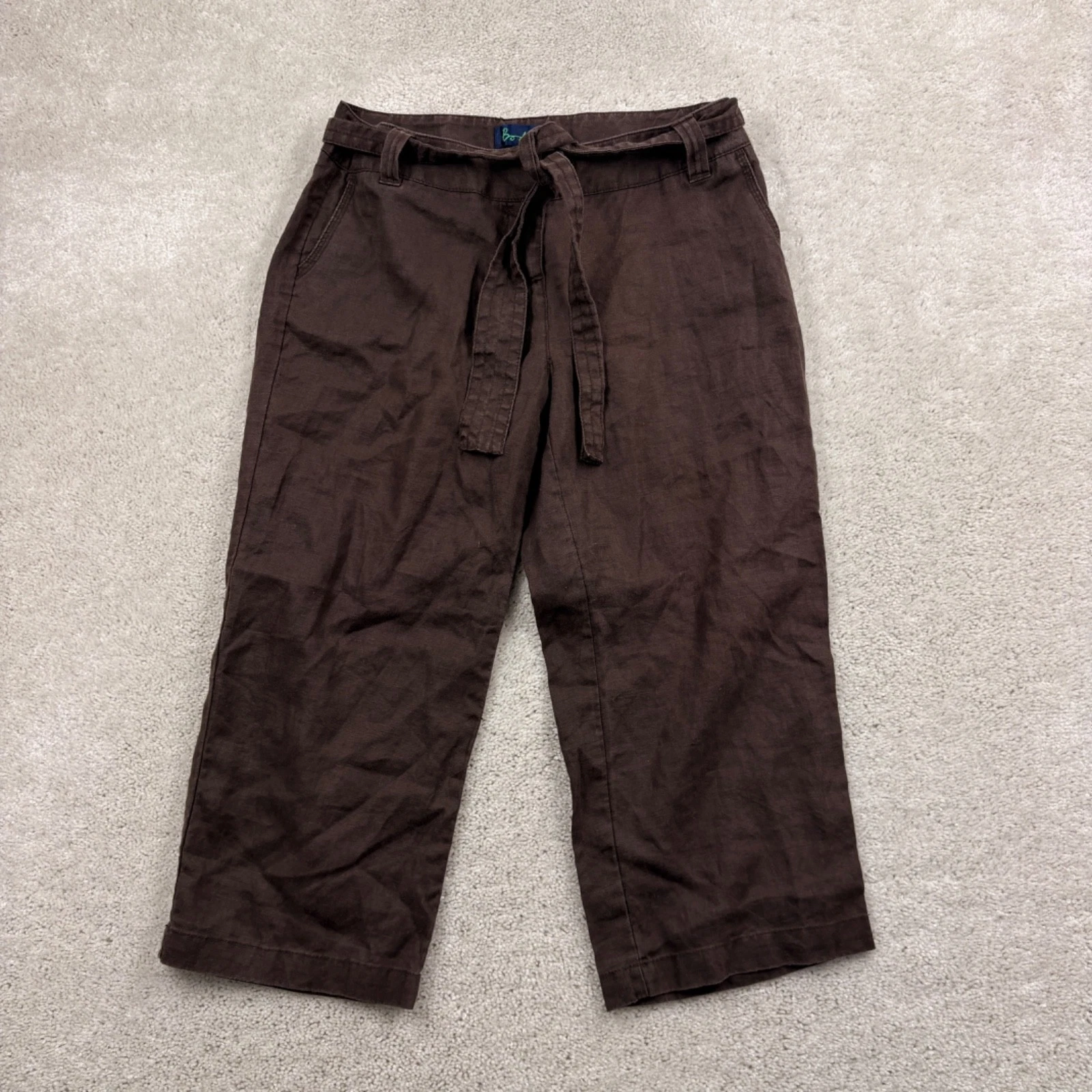 Boden Pants Womens Size 12 Capri Flat Front Belted 100% Linen Pockets
