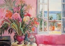 Vibrant Floral and Balcony View Wall Art Poster Premium Quality