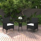Black Poly Rattan 3pc Garden Bistro Set, Tempered Glass Table, 60cm, 2 Chair Set