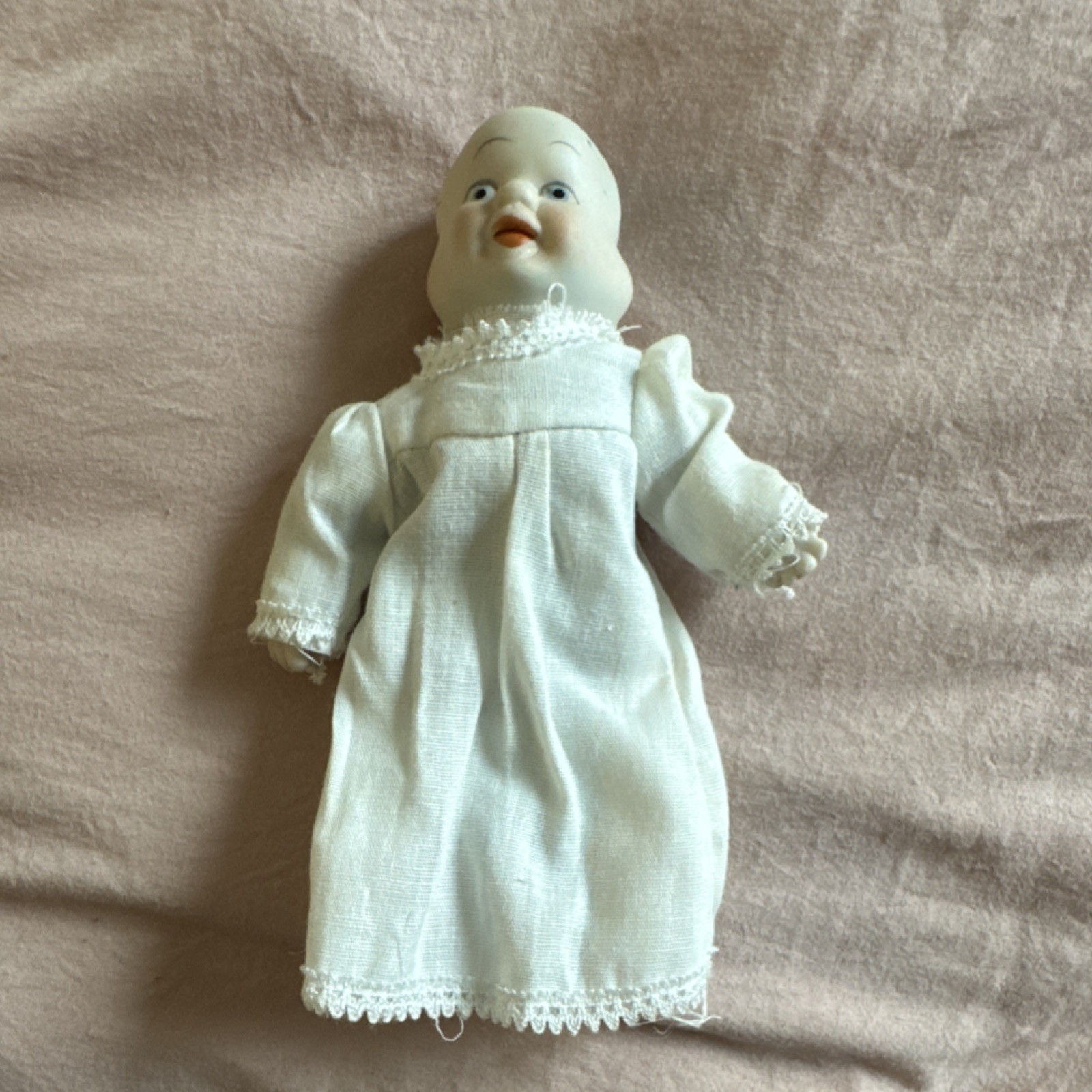1980’s Vintage Porcelain Baby Doll in White Dress Outfit Collectible