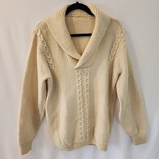 Vintage Hand Made Irish Aran Men's Large Cable Fishermen Sweater Shawl Collar Lg