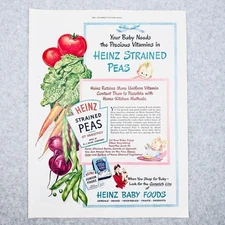 1947 Heinz Baby Food Strained Peas 57 Varieties Junior Foods Vintage Print Ad