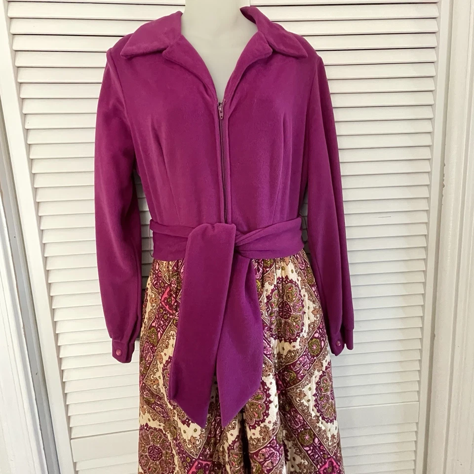 Maxi Vestido de Colección Años 70 Evelyn Pearson Lounge Acolchado Terciopelo Fucsia Manga L Talla 8 Foto 4 de 4