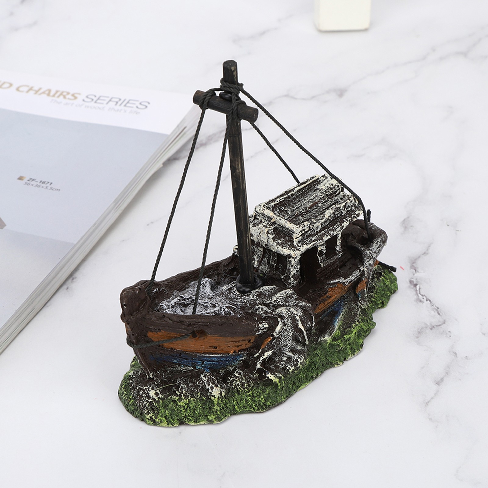 Resin Aquarium Artificial High Simulation Shipwreck Decoration Hide House Fish T