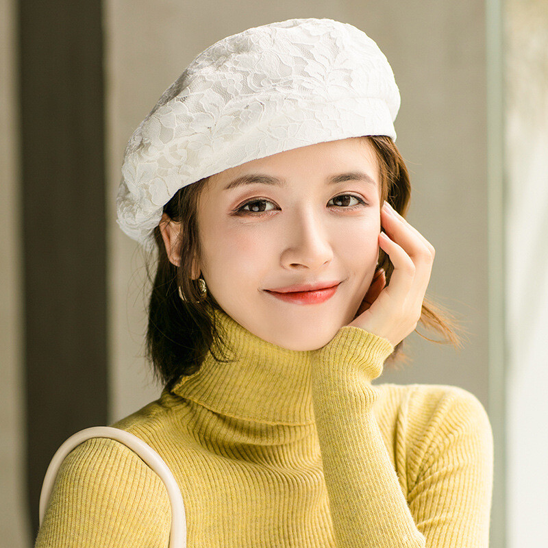 Women Hollow Floral Lace Beret Cap French Style Artist  display picture 3