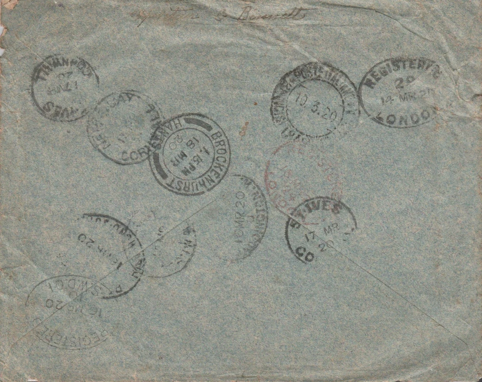 ITALY POs ABROAD Greece *Rodi* Cover Registered 1920 POOC Newquay Cornwall MS965 - Image 2 of 2