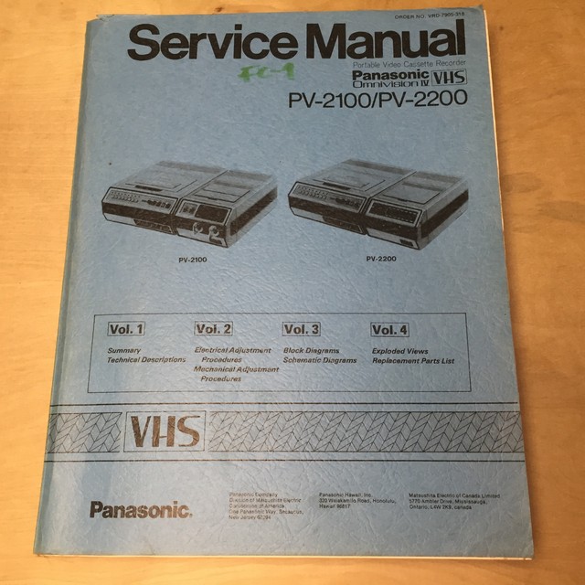 Panasonic Service Manual for PV2100 PV2200 VCR Video Cassette