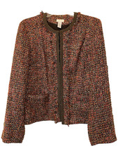 Chico's Size 1 Tweed Multicolored Gold Metallic Fringed Lined Jacket Pockets