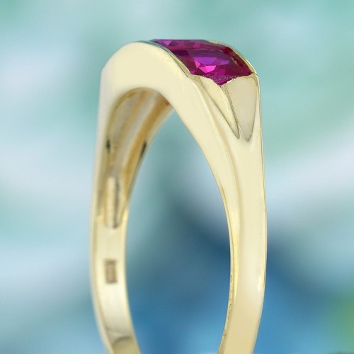 9K Yellow Gold Natural Square Ruby Vintage Style Three Stone Ring - Picture 6 of 8