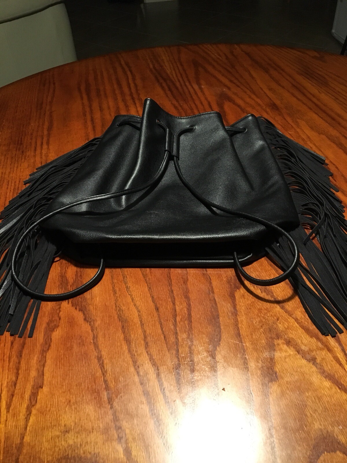 Victoria Secret Black Fringe Faux Leather Drawstring Backpack NWOT eBay