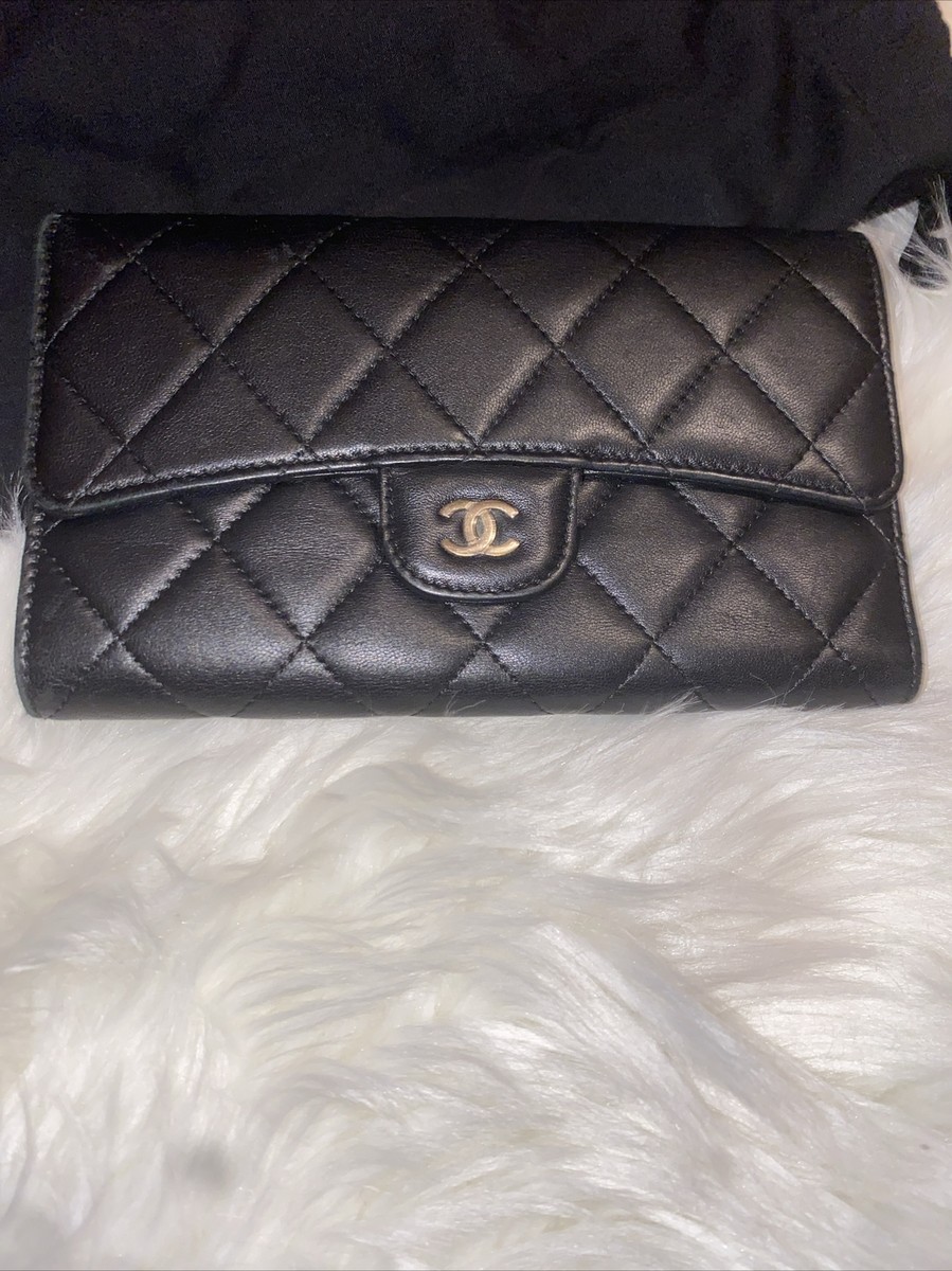 CHANEL Classic Flap Wallet Black Lambskin Leather Certified 100