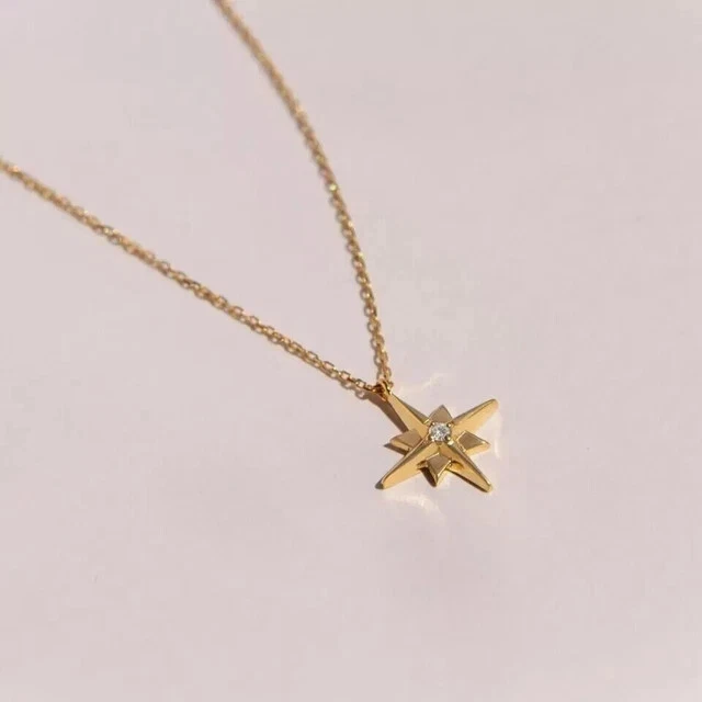 Pingente feminino estrela diamante criado em laboratório folheado a ouro amarelo 14K corte redondo prata - Imagem 3 de 4