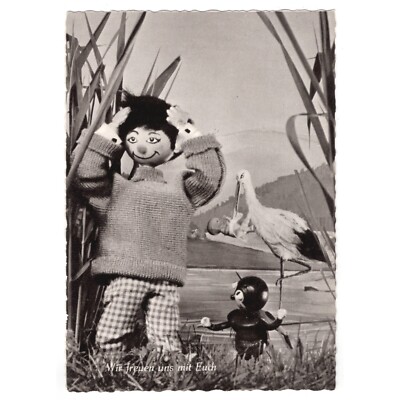 Postcard dolls, wooden dolls / ''We are happy with you'', rattlesnake stork, Conny card 100