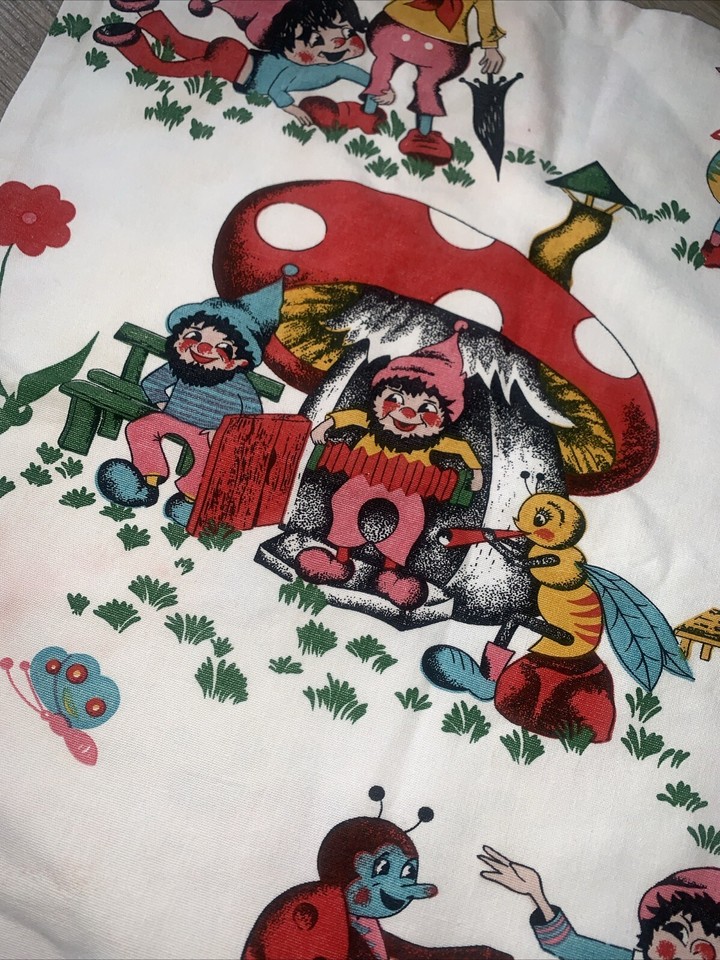 Vintage 1950s cotton rayon mushroom,gnomes and cute bugs fabric Cushion