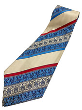 Vintage Necktie 1970's Swing Wide Neck Tie Stripe Filigree Cream Blue Red Fancy