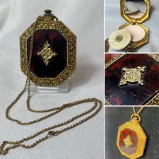 Vtg Max Factor Powder Compact W/12K G.F. Chain Golden Signet Pendant Watch Style
