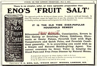 2 x Anzeigen für ENO'S Fruchtsalze Vintage Original 1911 Gesundheitsdruck Anzeigen 726/58