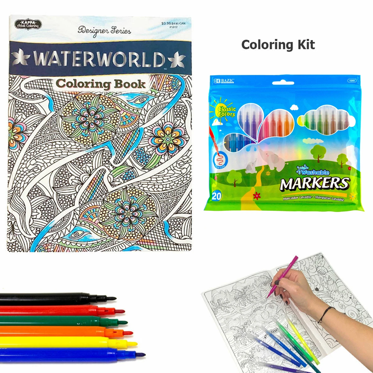 21 Pc Coloring Book Set Washable Markers Fine Tip Pens Drawing Adult Kids  Colors