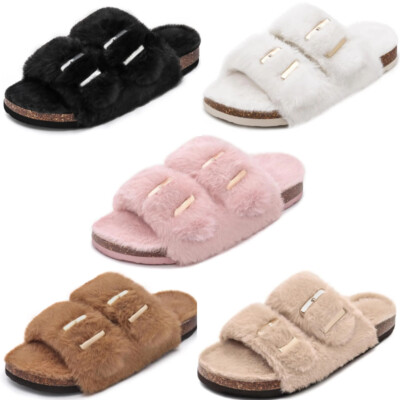 Women's Fuzzy Slippers Comfy Cork Footbed Fluffy Slides Open Toe Indoor Outdoor