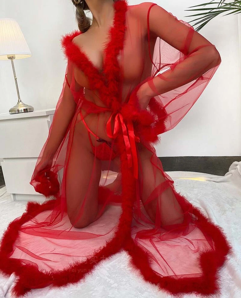Sexy See-Through Mesh Long Sleepwear Robe with Belt Sheer Lingerie Dress Gown - Image 3 of 4