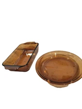2 Piece Amber Anchor Hocking Dishes - Pie Pan And Baking Dish, Vintage