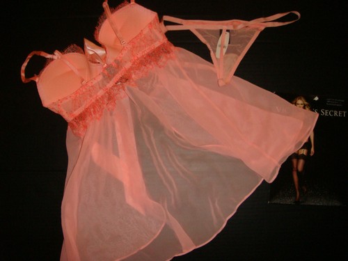 Victoria's Secret 32C BABYDOLL Flyaway O/S thong peach ORANGE Chiffon Lace Mesh - Picture 4 of 5