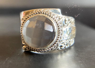 Sarda, Bali Artisan Handcrafted, Sterling, Coated Grey Moonstone Ring Sz 7.5