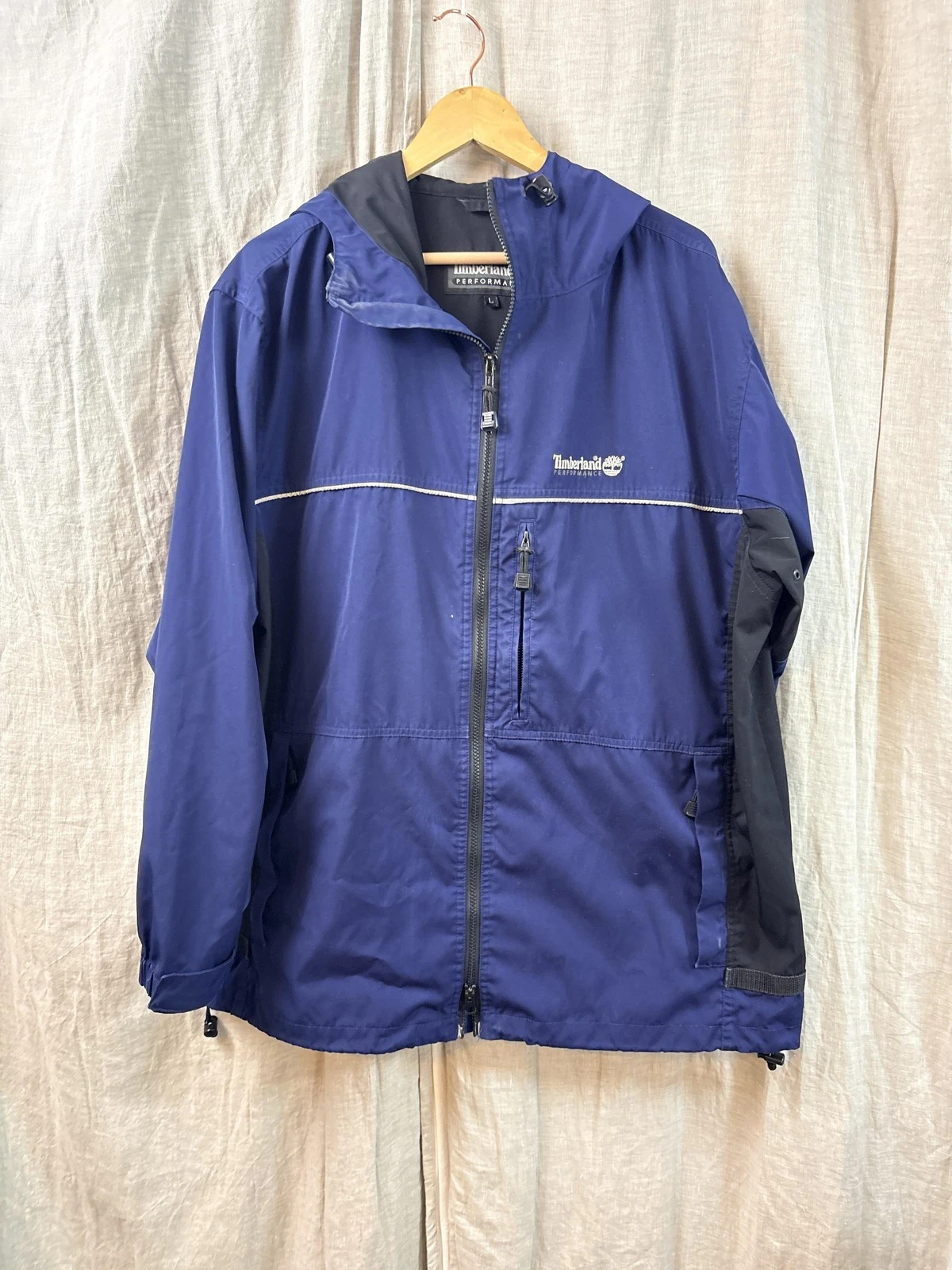 Timberland Performance Jacket Mens L Blue Hooded Windbreaker Hiking Packable