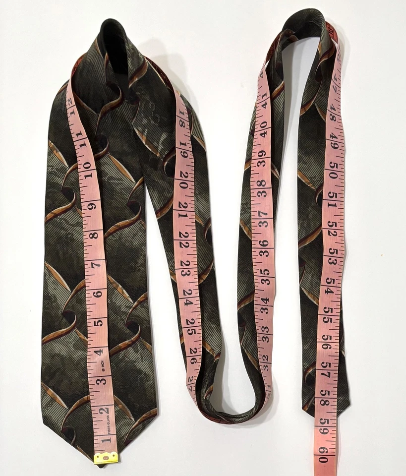 Corbata de cuello J Ferrar 100% seda hecha en Italia diseño geométrico dorado verde vintage Foto 4 de 4