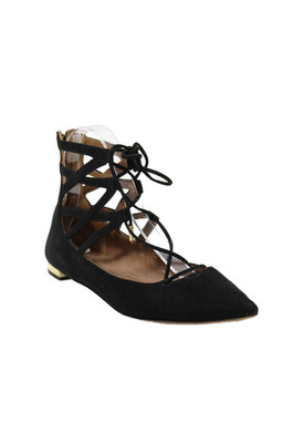 Aquazzura Womens Suede Pointed Toe Lace Up Flats Black Size 6