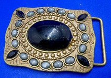 Black Gray Cabochon Ornate Gold Tone Jeweled Lightweight Vintage Belt Buckle