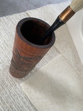 ORIGINAL JAPANESE BAMBOO STORAGE POT PAINT BRUSHES with SAMURAI CARVED ART